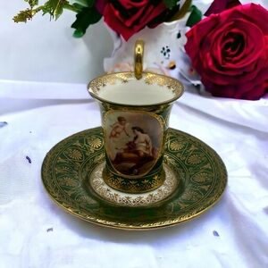 Atq Royal Vienna Porcelain Green Gold Putti Cherub Angel Demitasse Cup Saucer